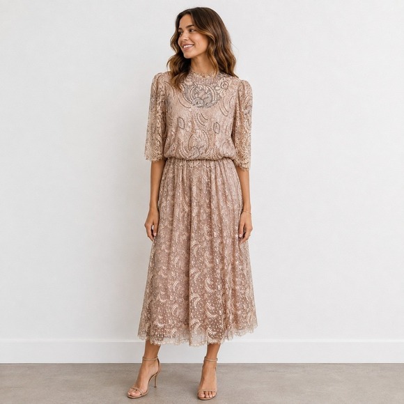 Rina diMontella Dresses & Skirts - VTG Rina di Montella Lace Midi Dress 10 Champagne Sequin Beaded Cocktail Cottage